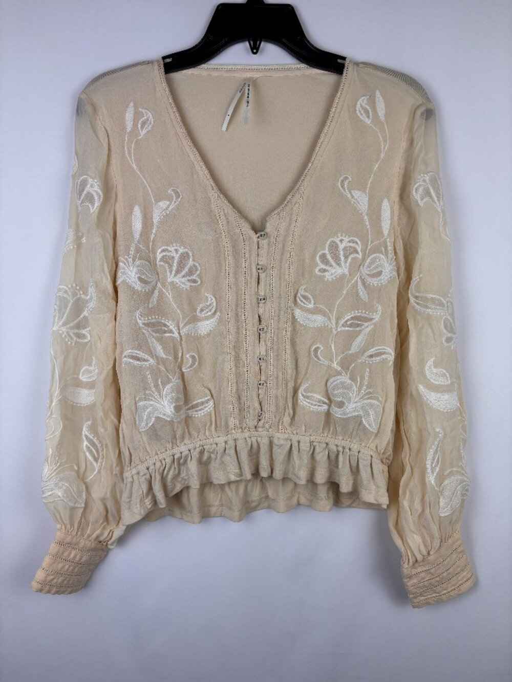 Small Anthropologie Embroidered Ruffled Smocked Sheer V Button Long Sleeve Top